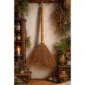 Vintage Straw Broom 31” Rustic Witch Broom Cottagecore Decor Broomstick